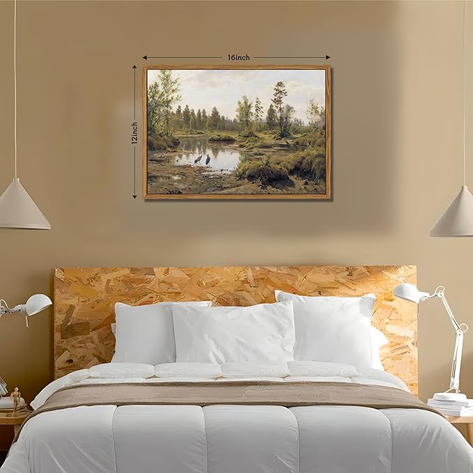 Floating Framed Canvas Wall Art Vintage Decor - Tranquil Marsh Landscape Wall Decor, Countryside Farmhouse Scenery Paintings Prints for Living Room Bedroom Office Decoration 12x16 inch