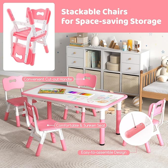 Costzon Kids Table and 4 Chair Set, Height Adjustable Toddler Desk and Chairs with Graffiti Desktop, Non-Slip Legs, Children Art Study Multi-Activity Table Set for Home, Daycare, School (Pink)