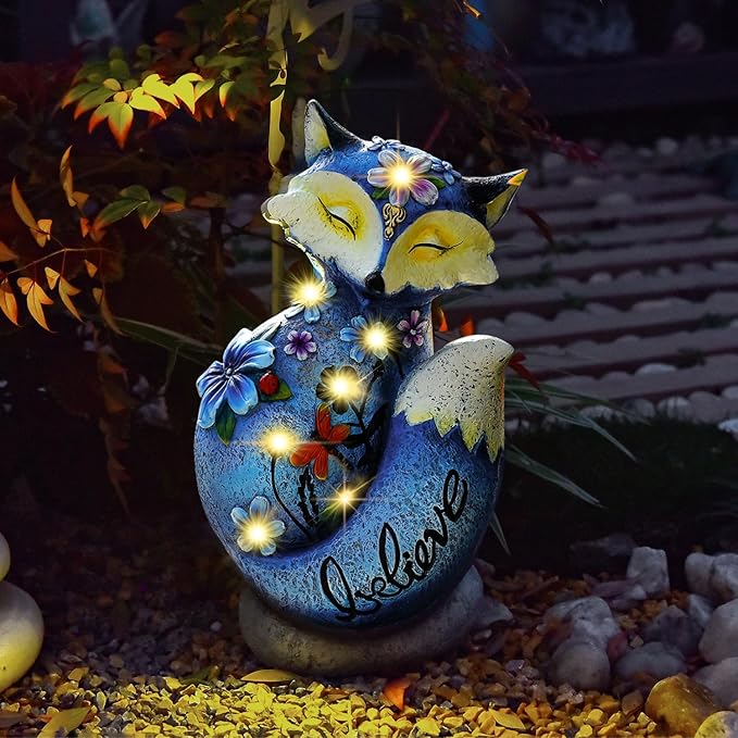 Sungmor Solar Garden Statue Fox Figurine with LED Lights, Solar Powered Resin Sculpture Yard Lawn Ornaments, Hand-Painted Outdoor Figurine Lights Decorations, Housewarming Gift