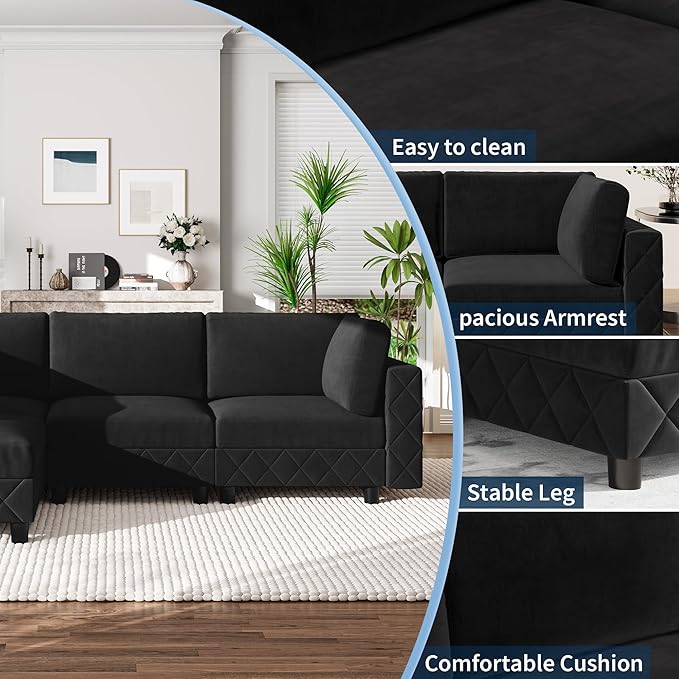 134" Modular Sectional Sofa, 4-Seat Cloud Couch with High-Density Cushions, L-Shaped Velvet Upholstered Sofa for Living Room and Apartment, Black