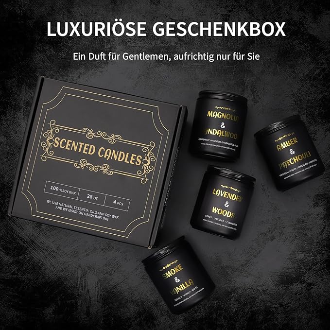 Scented Candles for Men, 4 Pack Mens Candle Gift Set, Relaxation Candles for Home Scented, 28oz Soy Wax Aromatherapy Candles of Lavender/Patchouli/Sandalwood/Smoke & Vanilla