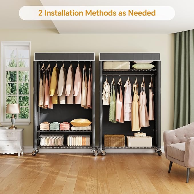 H4 Garment Rack with Cover, Rolling Heavy Duty Clothes Rack, Wardrobe Closet Organizer and Storage, Portable Closet for Hanging Clothes, Black Clothing Rack Shelf with Black Fabric Cover