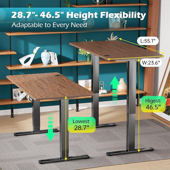 PayLessHere 55 Inch Electric Standing Desk Computer Desk with Large Space and Headphone Holder Office Desk with Electric Lifting and 2 Memory Function for Office Meeting Room,Brown