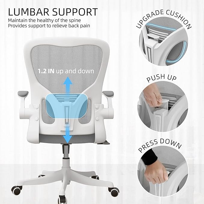 Monhey Office Chair Ergonomic Desk Chair with Lumbar Support&Headrest&Flip-up Arms Height Adjustable Rocking Swivel High Back Computer Chair Warm Taupe Mesh Study Chair (01White+Gray)