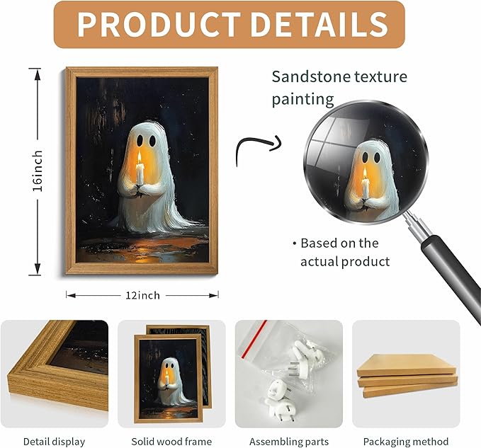 Framed Vintage Halloween Ghost Wall Art - Spooky Candle Ghost Fall Texture Pictures Wall Decor for Living Room, Kids Room, Halloween Bedroom or Party 12x16 inch