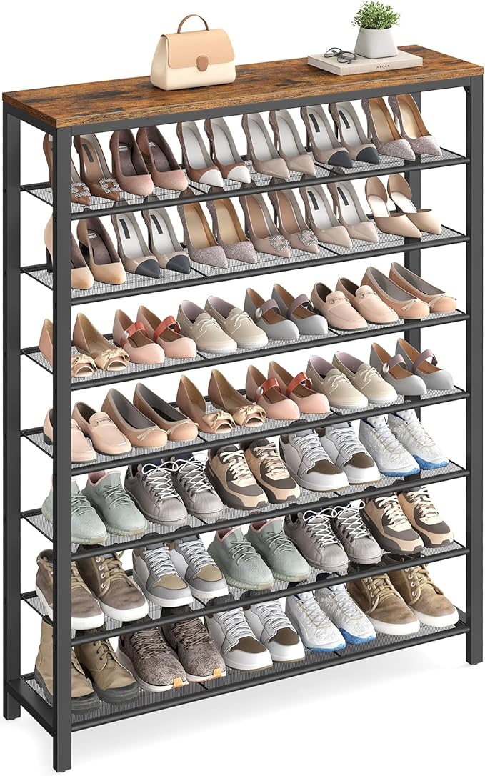 VASAGLE 8 Tier Shoe Rack, Shoe Organizer for Closet, Entryway, 32-40 Pairs of Shoes, Large Shoe Rack Organizer with 7 Metal Mesh Shelves, 11.8 x 39.4 x 59.8 Inches, Rustic Brown and Black ULBS012B01
