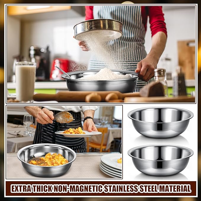 Nuogo 8 Pcs Stainless Steel Mixing Bowls Metal Mixing Bowls Extra Large Basin Salad Basin Deeper Edge Dishwasher Safe Mirror Finish for Home and Commercial, Silver (16 Inch 13 Qt)