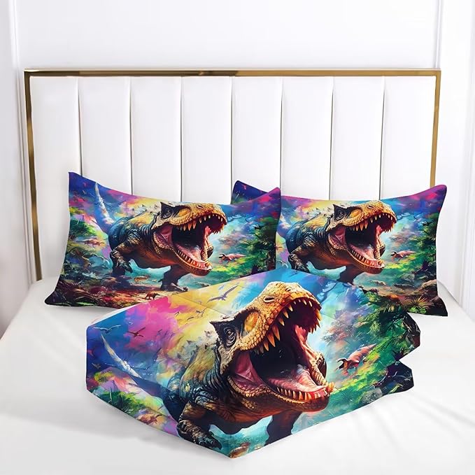Kids 3D Dinosaur Comforter Set Twin for Boys Tie Dye Dino Bed Set for Boys Bedroom Decor Watercolor T-rex Bedding Set with 1 Comforter and 1 Pillowcase