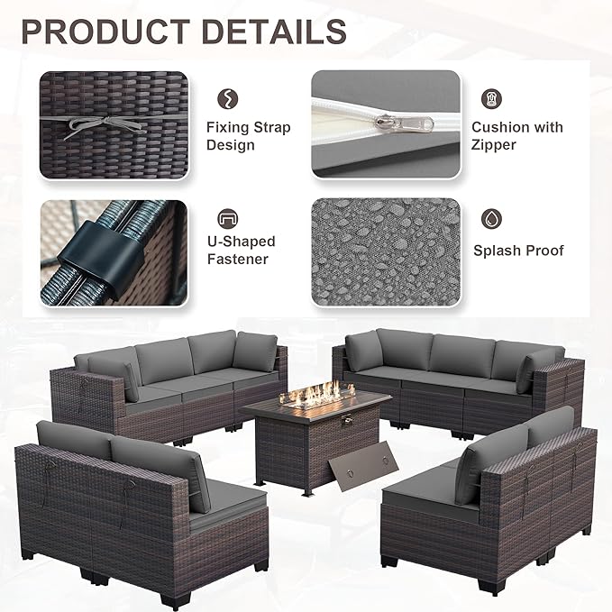 Kurapika 11 Pieces Patio Furniture Set, Rattan Wicker Outdoor Conversation Sets w/43in Propane Fire Pit Table and 4 Inch Cushion(Grey)