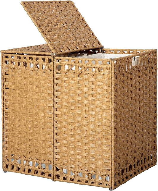 170L Foldable Laundry Hamper with Lid - Handwoven Rattan Storage Basket, 2-Section Clothes Hamper w/2 Removable Liner Bags, Easy Assembly, Portable for Bedroom Bathroom Dorm,Natural