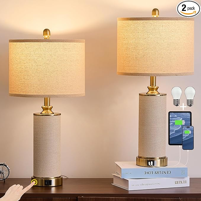 Gold Farmhouse Rattan Table Lamps Set of 2, Touch Control Desk Lamps, 3 Way Dimmable Grass Rope Large BedsideTable Lamp with USB A+C for Living Room/Bedroom/Office(2 LED Bulbs Included)