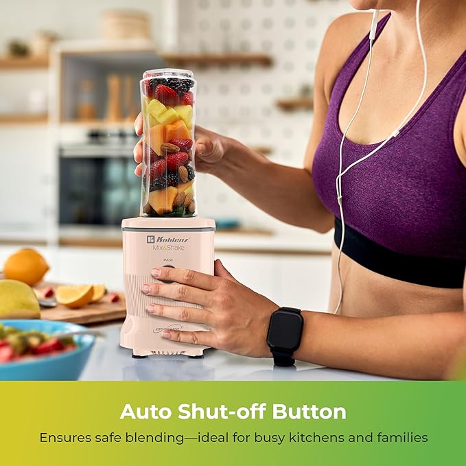 Koblenz Mix&Shake Blender, 20 oz Portable Blender, 600W Motor, Pulse, ON/OFF, Stainless Steel Blades, Shakes, Sauces, Smoothie Maker, (1) 20 oz To-Go Bottle, (2) 10 oz Glass Jars, Pink, MSKM-600 2PS