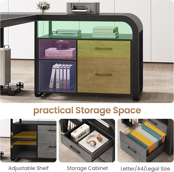 SEDETA 63 Inch Executive Desk, L Shaped Desk with Drawers, Large Office Desk with File Drawer, Computer Desk with Mobile CPU Stand, Storage Shelves, Power Outlets for Home Office, Gray