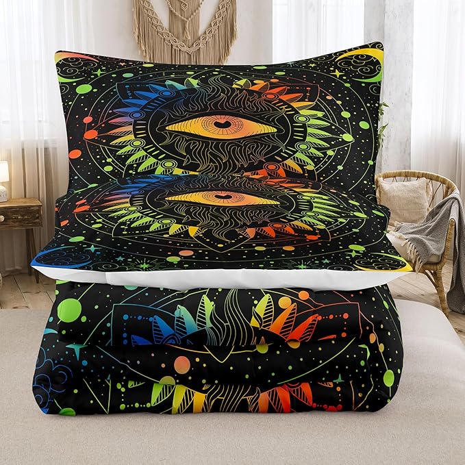 Tailor Shop Celestial Bedding Set Full Size,Sun and Moon Bedding Set for Boys Girls Kids Teens, Gothic Comforter Set Witchy Comforter Boho Exotic Black Bed with 2 Pillowcases