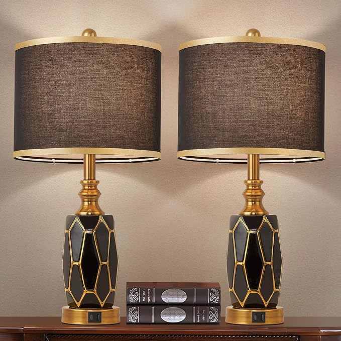 Set of 2 Touch Control Table Lamps for Bedroom Livingroom,Modern Ceramic Table Lamp with USB Ports,Bedside Nightstand Lamp with Fabric Drum Lampshade,Blubs Included (Black)