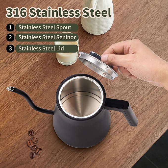 CTT Gooseneck Electric Kettle with Temperature Control, 1L Pour Over Kettle for Coffee/Tea, Hot Water Boiler Kettle Electric, Keep Warm 12 Hours, 316 Stainless Steel Inner, 1000W, Black