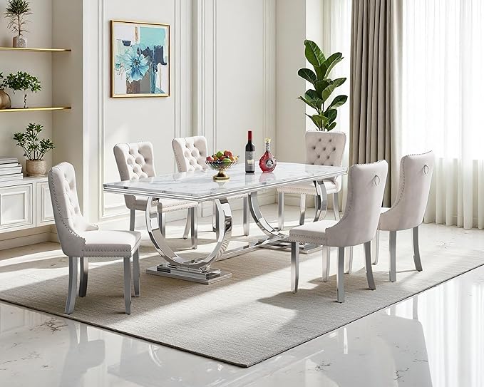 Goujxcy 68" Faux Marble Dining Table Set for 6, 7-Piece Dining Set with White Silver Kitchen Table and 6 Velvet Tufted Chairs, Modern Rectangular Dining Room Table with O-Shape Stainless Steel Base