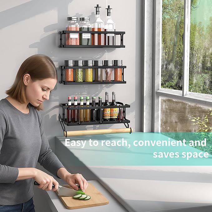 3 Pack Spice Rack Wall Mount | Kitchen Paper Towel Holder + 3 Hooks | Heavy Duty Metal Spice Jar Organizer | Screw/Adhesive (No Drill!) for Cabinet/Countertop/Pantry | S/M/L Sizes Black