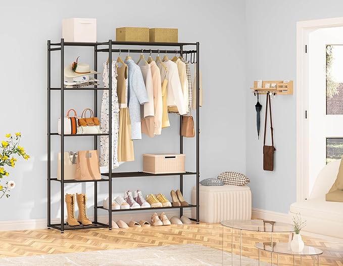 Wardrobe Closet, Portable Clothing Rack for Hanging Clothes, Free Standing Closet Organizers and Storage System with 4 Tiers Shelves for Cloakroom Bedroom, Black