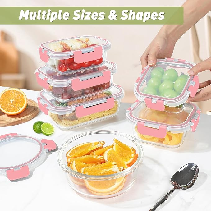 BAYZZ 24 Piece Glass Food Storage Containers with Lids, Airtight Glass Meal Prep Containers for Kitchen, BPA-Free Lunch Box, Microwave and Freezer Safe,Pink