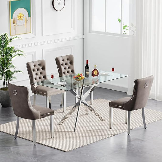 Goujxcy Glass Dining Table Set for 4, Modern Kitchen Table and Chairs Set of 4, 5-Piece Kitchen Dining Room Table Set w/61 Glass Silver Dining Table and 4 Gray Velvet Upholstered Chairs