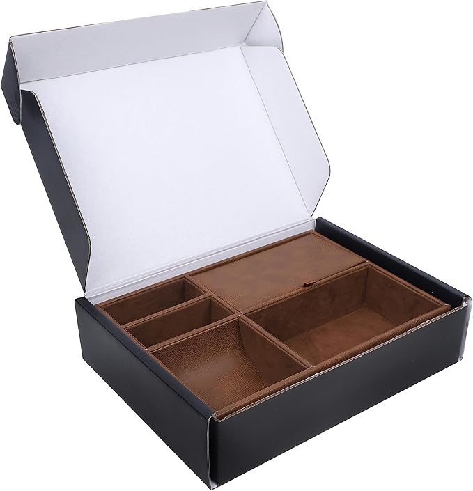 Zcaukya Men's Valet Tray, Jewelry Box Nightstand Organizer with 5 Compartments for Phone Keys Wallet Watch Glasses, Faux Leather Dresser Entryway Catchall Holder for Father's Day Gift (Brown)