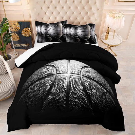 Tailor Shop Black Basketball Comforter Set King Size for Boys Kids Teens ，Ultra Soft Microfiber Sports Theme Basketball Bedding Sets with 1 Comforter and 2 Pillowcases……