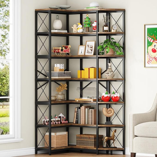 7-Shelf Reversible Corner Bookshelf, Modern Industrial Tall Bookcase, 7-Tier Large L-Shaped Storage Shelf Display Rack with Metal Frame for Living Room, Home Office, Bedroom, Rustic Brown