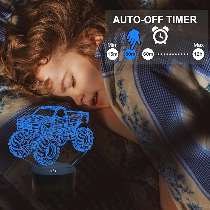 3D Night Lights for Children, Kids Night Lamp, Monster Trucks for Boys, 16 LED Colors Changing Lighting, Car Shape Acrylic Lighting Table Desk Bedroom Decoration, Ideas Birthday Xmas