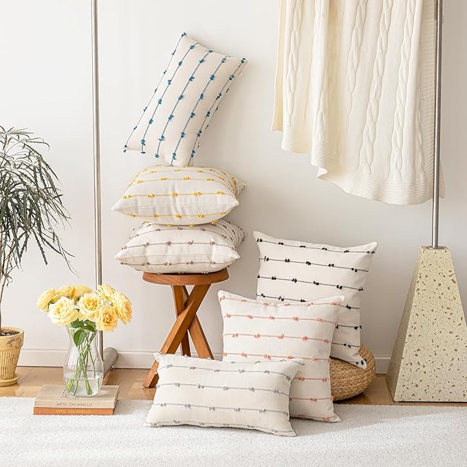 Boho Throw Pillow Covers 26x26 Set of 2 Modern Farmhouse Decorative Cushion Case Tufted Square Pillows Cover Neutral Pillow Cases Accent Pillowcase for Sofa,Couch,Bed,Beige and Grey