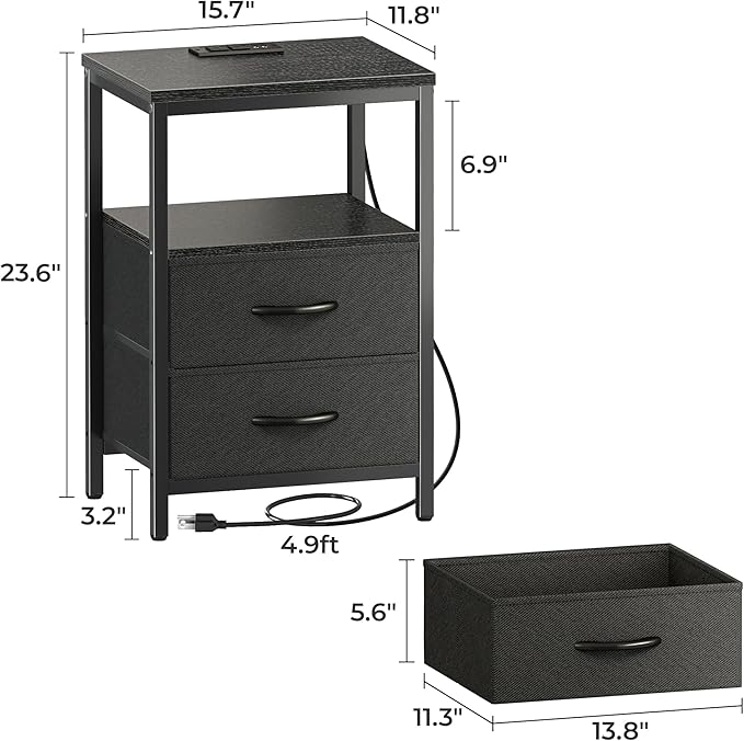 Huuger Nightstands Set of 2, End Tables with Charging Station, Side Tables with Fabric Drawers, Bedside Tables with USB Ports and Outlets, Night Stands for Bedroom, Black