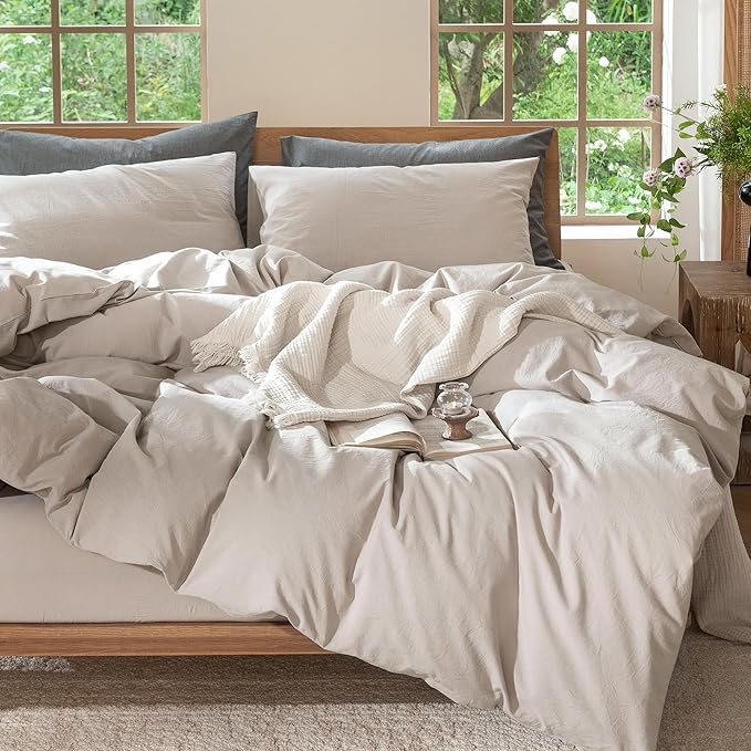 MooMee Bedding Duvet Cover Set 100% Washed Cotton Linen Like Textured Breathable Durable Soft Comfy (Solid Light Tan, Oversized King Plus 128"x120")