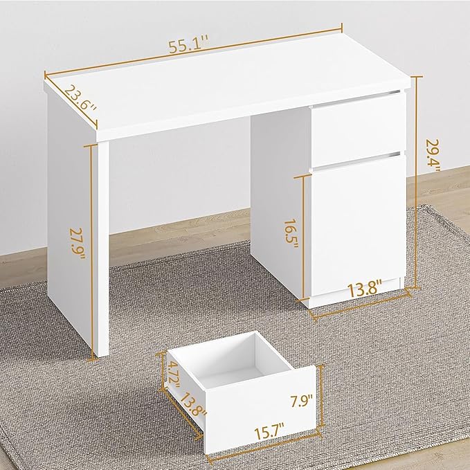 furtble White Desk with Drawers, 55 Inch Small Cute Desk for Bedroom, Home Office PC Desks Workstation Study Table Desks with Storage, White