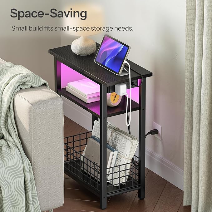 HOOBRO Narrow Side Table with Charging Station and LED Light, Small End Table with Storage, Skinny Nightstand with USB Port, Slim Bedside Table for Small Spaces, Living Room, Black BB242UDBZ01
