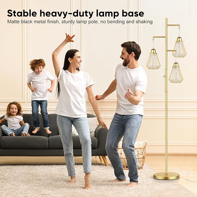 QiMH Industrial Floor Lamps for Living Room, Tree Standing Lamp with Stepless Dimmable, 68" Modern Tall Lamps for Bedroom Study Home Office, Rotary Switch, 3 LED Bulb Included, Gold