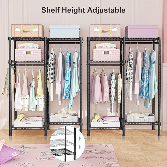Ulif F1 Garment Rack for Kids, Baby, Students, and Children's Room, 4 Tiers Freestanding and Portable Heavy Duty Closets, Small Metal Clothes Rack with 2 Hanging Rod, 31.2" W x 11.8" D x 48" H, Black