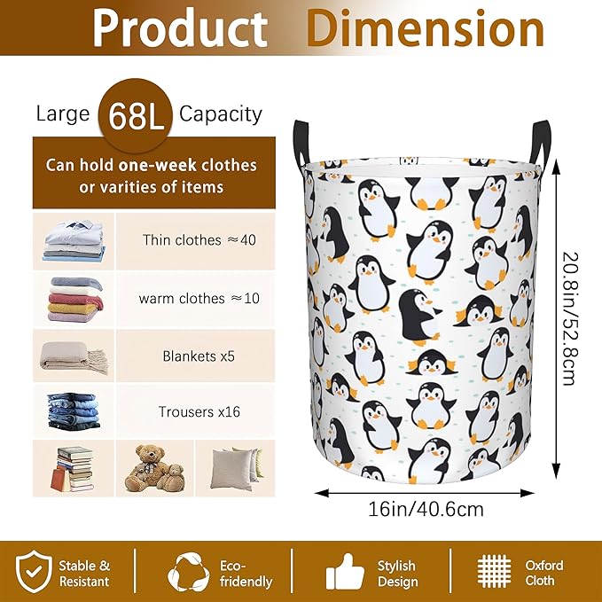 Laundry Hamper, Cute Penguins Laundry Basket,Waterproof Foldable Storage Bin for Bedroom,Clothes Organizer Basket,Toys Box 16x20 Inch