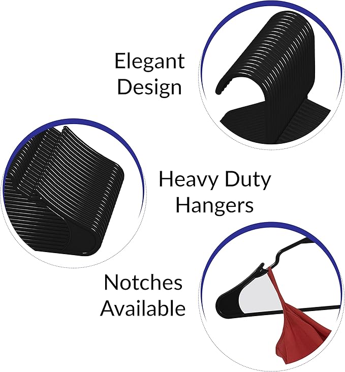 Royale Linens 60 Pack Black Plastic Hangers for Clothes - Heavy Duty Clothes Hanger for Everyday Use - Lightweight & Space Saving Notched Plastic Hangers