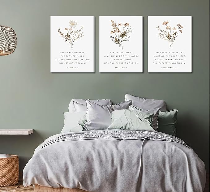 Wildflower Verses Canvas Wall Art Bible Verses Floral Paintings Pictures Wall Decor Botanical Scripture Christian Posters Prints for Bedroom Living Room Office Christian Scene Home Decorate