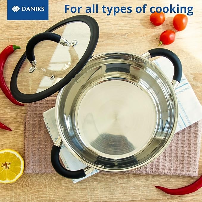 Daniks Orlando Frying Pan With Lid Included, 11-Piece Stainless Steel Induction Cookware Set, Dishwasher Safe, Glass Lids, Heatproof Handles, Measuring Scale, Silver