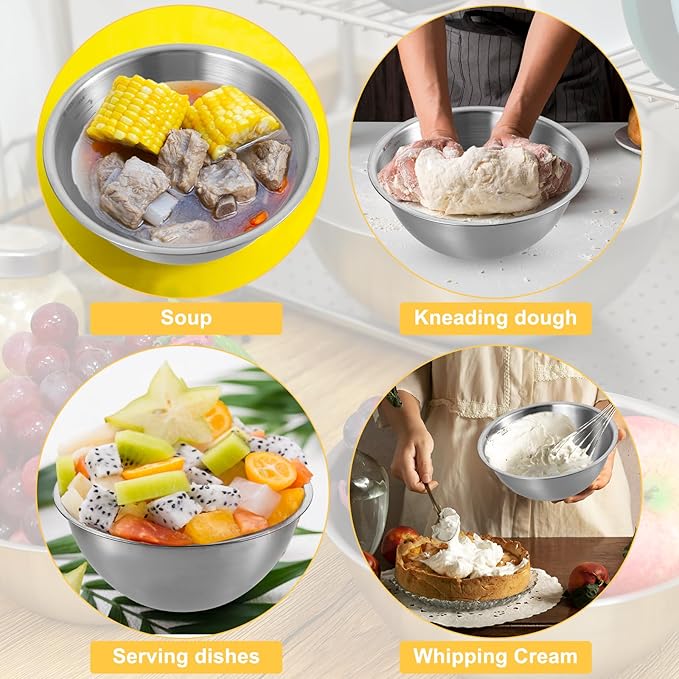 Stainless Steel Mixing Bowls 3 Packs Nesting Baking Supplies Small Thicker Stainless Steel Flat Bottom Stackable Salad Bowl Mixing Bowls Set for Cooking, Baking, Salad,Serving(1000/1500/2000ml)