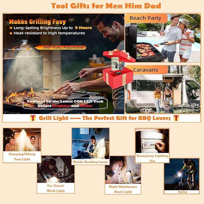 Solar/USB-C Rechargeable Grill Light for Blackstone Weber Grills, LED Work Light Tool Gifts for Men Him Dad, 360° Rotation Auto On/Off Heat-Resistant Grill Lights for Outdoor Grill BBQ Accessories