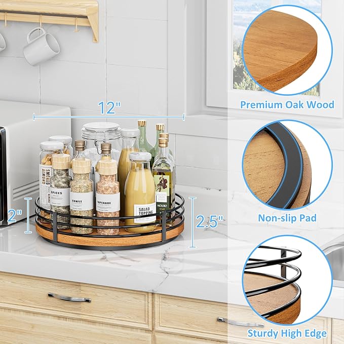 12" Lazy Susan Turntable Organizer - Oak Wood Lazy Susan for Cabinet Kitchen Countertop Dining Table Pantry Cupboard Bathroom Coffee Bar Storage Spice Rack Home Decor