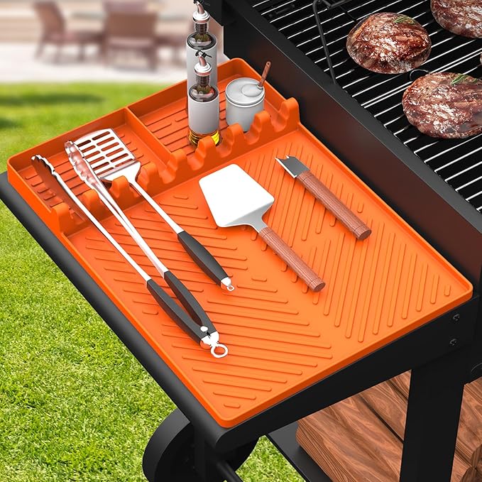 Silicone Griddle Tools Mat for Blackstone, Griddle Accessories Side Shelf Mat Grill Pad for Outdoor Grill Kitchen Counter Spatula Silicone Mat with Drip Pad (Orange)