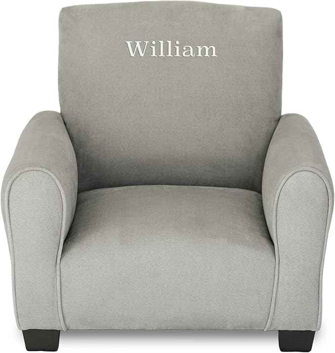 Toddler Personalized Armchair, Kids Upholstered Rocking Chair with Personalization, Toddler Chair with Personalized Name, Comfy Child Armchair, (Grey Suede, Legs)
