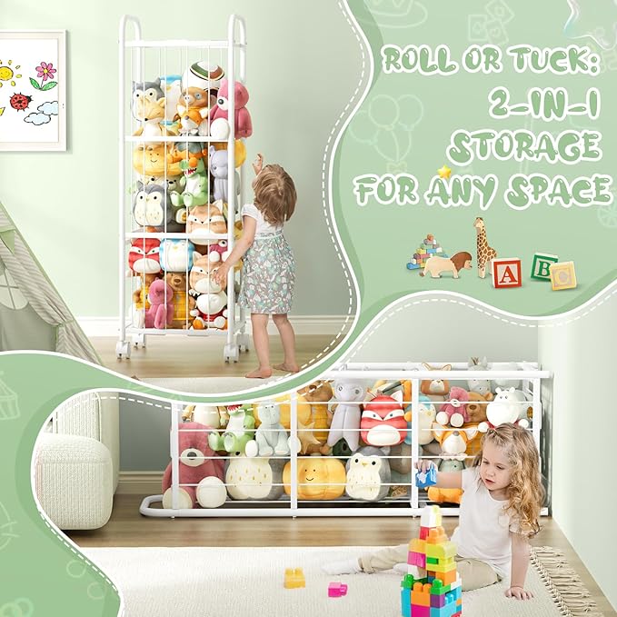 Stuffed Animal Storage Metal Tube Extra Large Toy Storage Organizer with Brake Wheels, Stuffed Animal Holder Zoo Organizer for Nursery Playroom Kids Room White(53.5” x 18.1”x 13”)