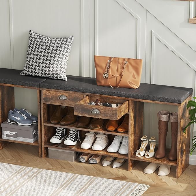 Maupvit Shoe Storage Bench with Cushion, Shoe Bench with Padded Seat, Entryway Storage Bench with Drawer, 2 Compartments, Wood Bench Rack for Bedroom, Closet, Living Room, Hallway (Brown)
