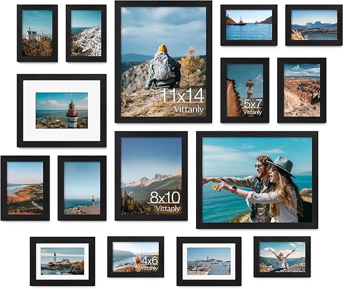 Vittanly 16 Pack Picture Frames, Gallery Wall Frame Set with 2Pcs 11x14, 2Pcs 8x10, 6Pcs 5x7 and 6Pcs 4x6 Photo Frames, Picture Frames Collage Wall Decor for Wall or Tabletop Display, Black