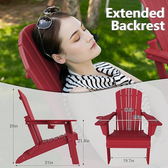 Plawdlik Folding Adirondack Chair Set of 4, SGS Tested, Wooden Textured with Cup Holder, Heavy All-Weather HDPE Comfortable Set Poolside Backyard Lawn,Red