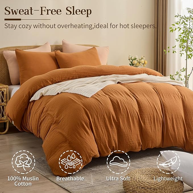 MEISHANG Muslin Duvet Cover Queen Size - 100% Organic Cotton, Soft Textured Gauze Weave Comforter Cover for Breathable All-Season with Zipper Closure - 3 Piece Set (Queen, Brown)